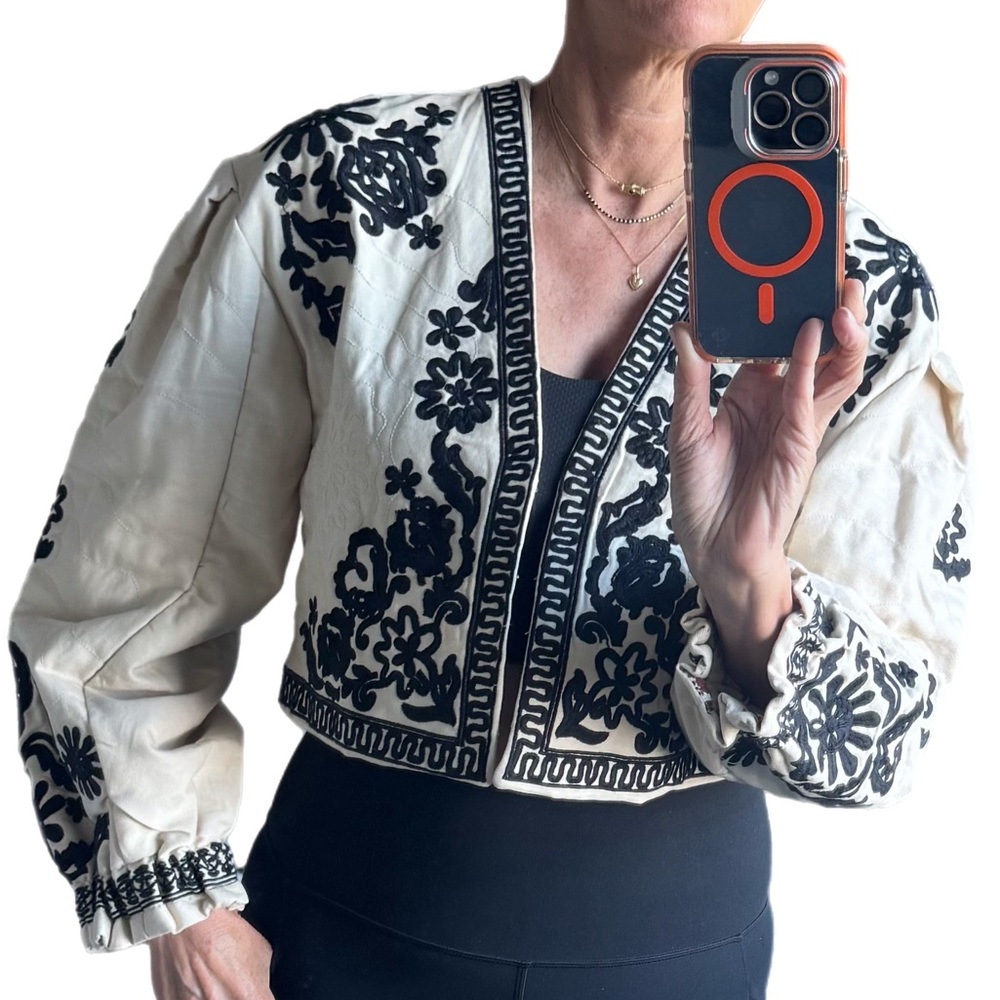 Free People Bali Mabel Cropped Jacket. Quilted Embroidered